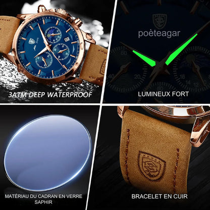 POEDAGAR Montre chronographe lumineuse résistante à l'eau pour homme